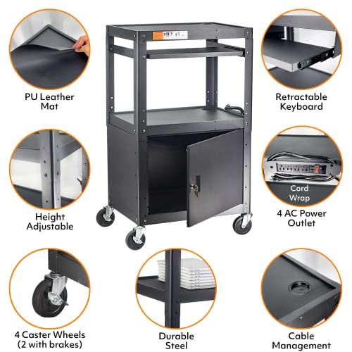 Steel Large Av Cart With Extra Storage - Adjustable Height Cart With Locking Cabinet, Pullout Tray, Power Strip, And Cord Management - Holds 300 Lbs And Easy To Assemble (24'' X 18'' X 41.5'') #TOP2