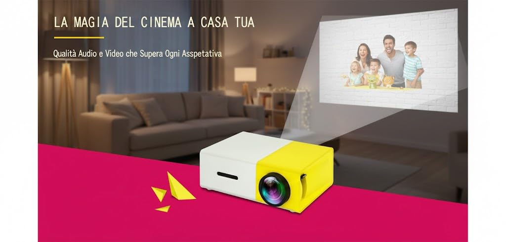 Mini Proiettore LED Portatile Bianco e Giallo, Supporto Full HD 1080P, Ingressi HDMI USB AV SD, Compatibile con Smartphone, Laptop, PS4 e DVD
