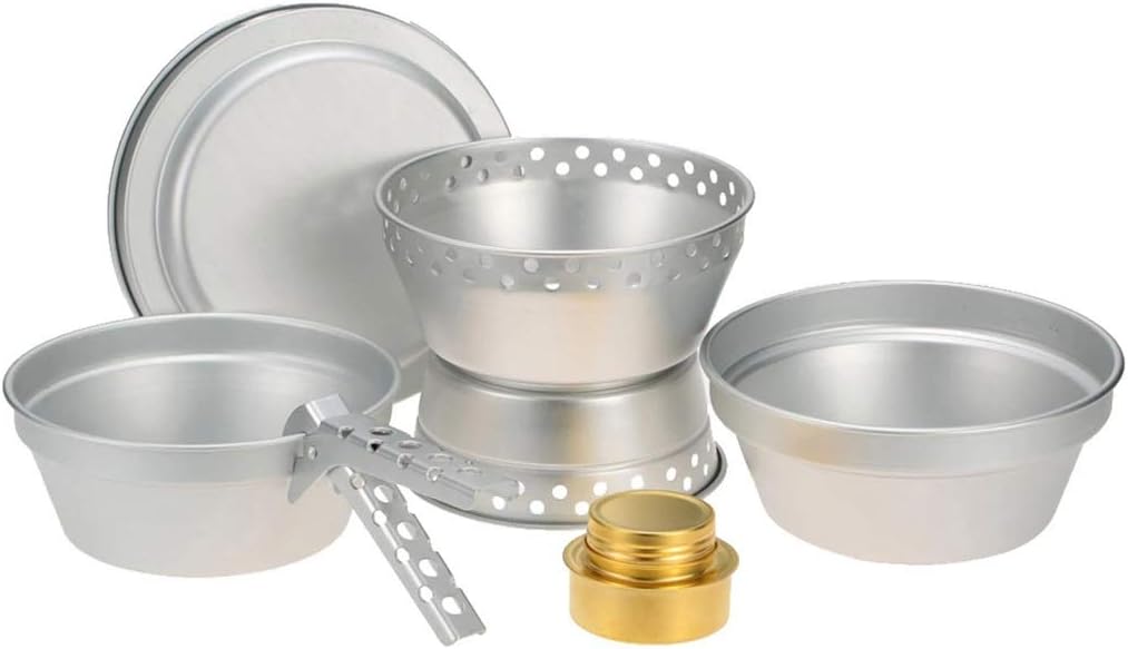 Portable Camping Cookware Mess Kit Alcohol Stove Spirit Burner with Stand Pot Pan with Gripper Outdoor Cooking Set for BBQ