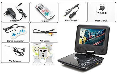 BW Lettore DVD portatile da 7 pollici per bambini, funzione di gioco, radio FM, antenna TV, supporto multiformato, schermo girevole (nero)