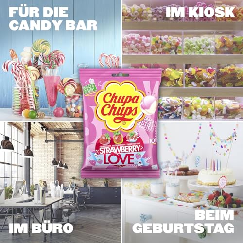 Chupa Chups Strawberry Lover Lutscher-Beutel, Nachfüll-Beutel enthält 10 fruchtige und cremige Erdbeer-Lollis in 3 Geschmacksrichtungen, geeignet für Geburtstag, 10 x 12g