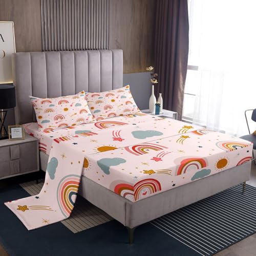 Juego de ropa de cama de arcoíris rosa para niños, niñas, adolescentes, tamaño King, con 2 fundas de almohada, microfibra suave, bonita nube