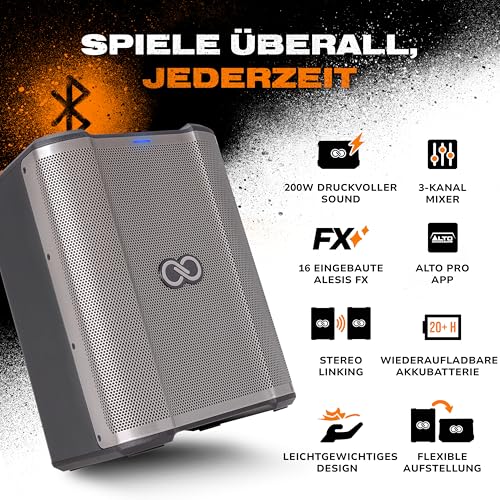 Sheeran Special Edition Busker - 200W tragbarer PA-Lautsprecher mit Akkubatterie, Bluetooth, 3-Kanal Mixer, Alesis FX, App, USB-Aufladung