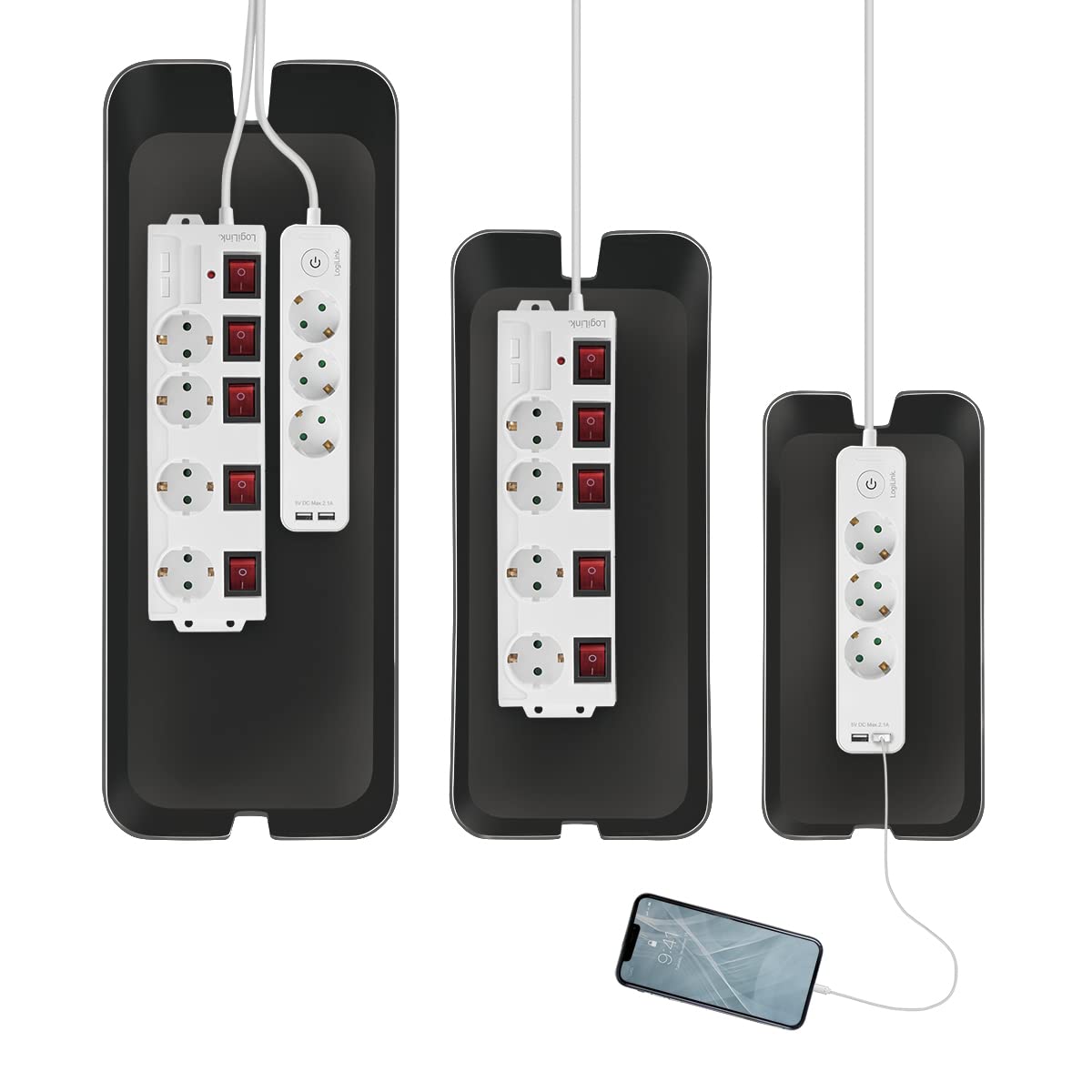 LogiLink KAB0077 - Kabelbox-Set mit 3 Boxen in 3 Gr??en zum Verstecken von Kabelgewirr, schwarz