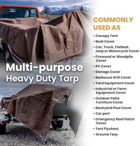 WHITEDUCK Canvas Tarp 18 oz. Heavy Duty Fire Water Repellent UV Resistant, Rustproof Grommets, Industrial & Commercial Use Cloth Tarp (Cut Size: 8'x10', Finished Size: 7'6"x9'6", Olive Drab)