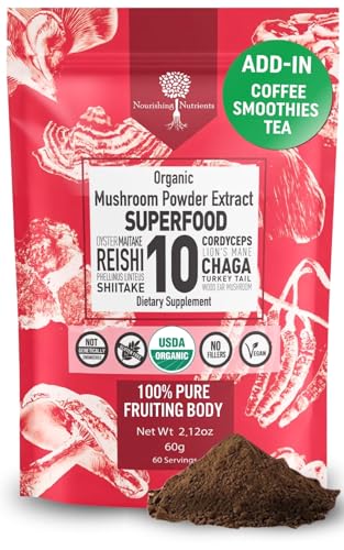 USDA Organic 10 Mushroom Supplement Powder 14 000mg - Focus & Immune Support | 100% Fruiting Body Lions Mane Cordyceps Reishi Mushroom Chaga Mushroom Coffee addin -NO Grain Filler 60 servings