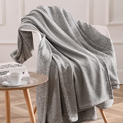KAWAHOME Knit Blanket Lightweight Soft Breathable Cozy Fuzzy Heather Jersey Comfortable Thin Blanket 280GSM for Couch Sofa Bed, Queen Size 90"X90" (Grey and White) - Thumbnail 2