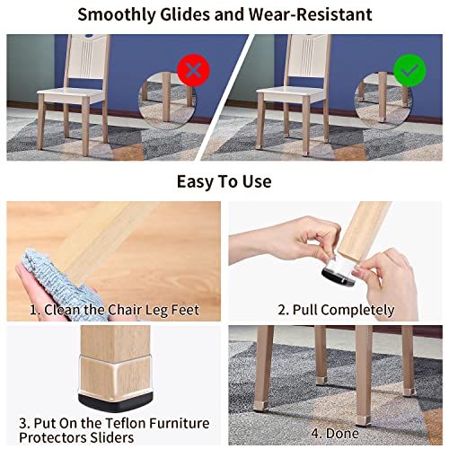 24 Pcs Chair Leg Sliders For Carpet, Square Chair Glides, Furniture Leg Protectors Caps, Carpet Protectors Table Feet Covers Cups, Teflon Furniture Pads Sliders No Scratches (Fit 1.1" - 1.45", Clear) #TOP4