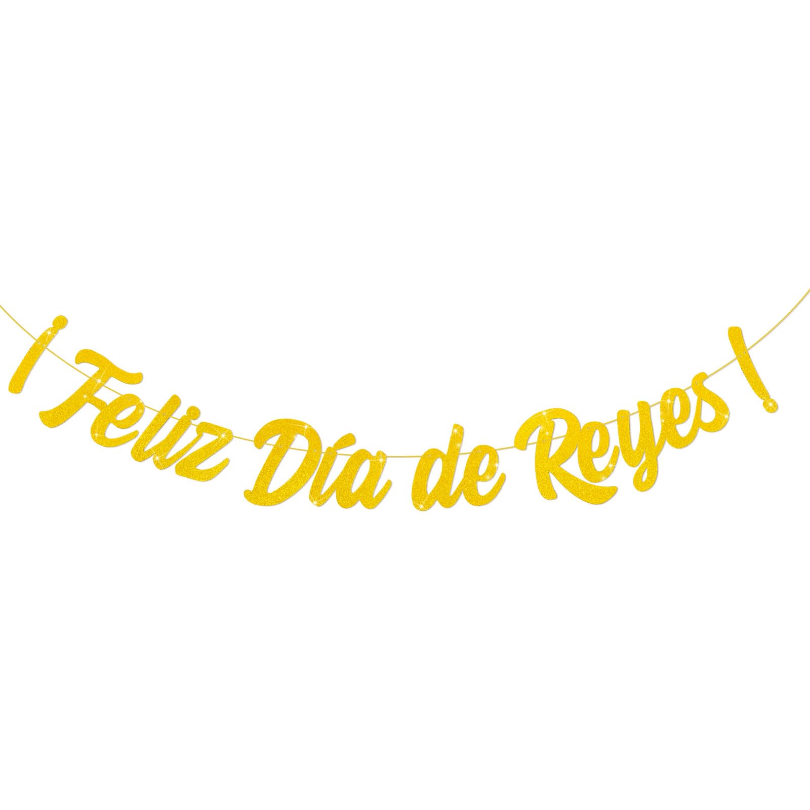 GEBETTER Decoración Día de los Tres Reyes Magos Español, Guirnalda Feliz Día de Reyes 1,2m con Lazo Dorado, Pancarta Fiesta de Reyes Navidad Banderín Banner Cartel Papel Oro Purpurina Pared Ventana