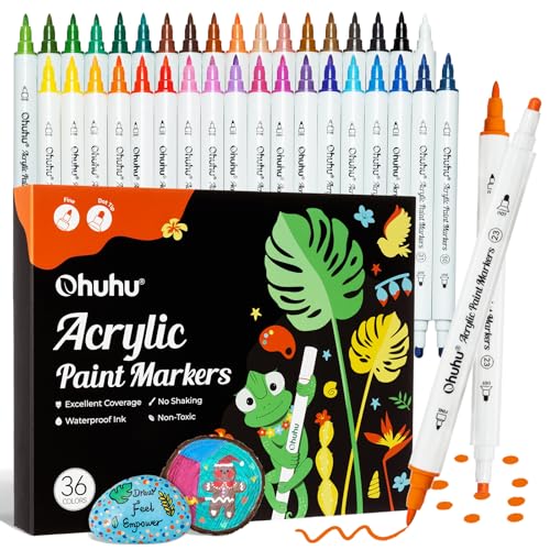 Image of Ohuhu Acrylic Paint Markers 36 Colors: Dual Tips (Fine & Dot) Paint Pens High Opacity Acrylic Markers Waterproof Lightfast for Rock Painting Easter Eggs Wood Glass Ceramic Canvas, Multicolor