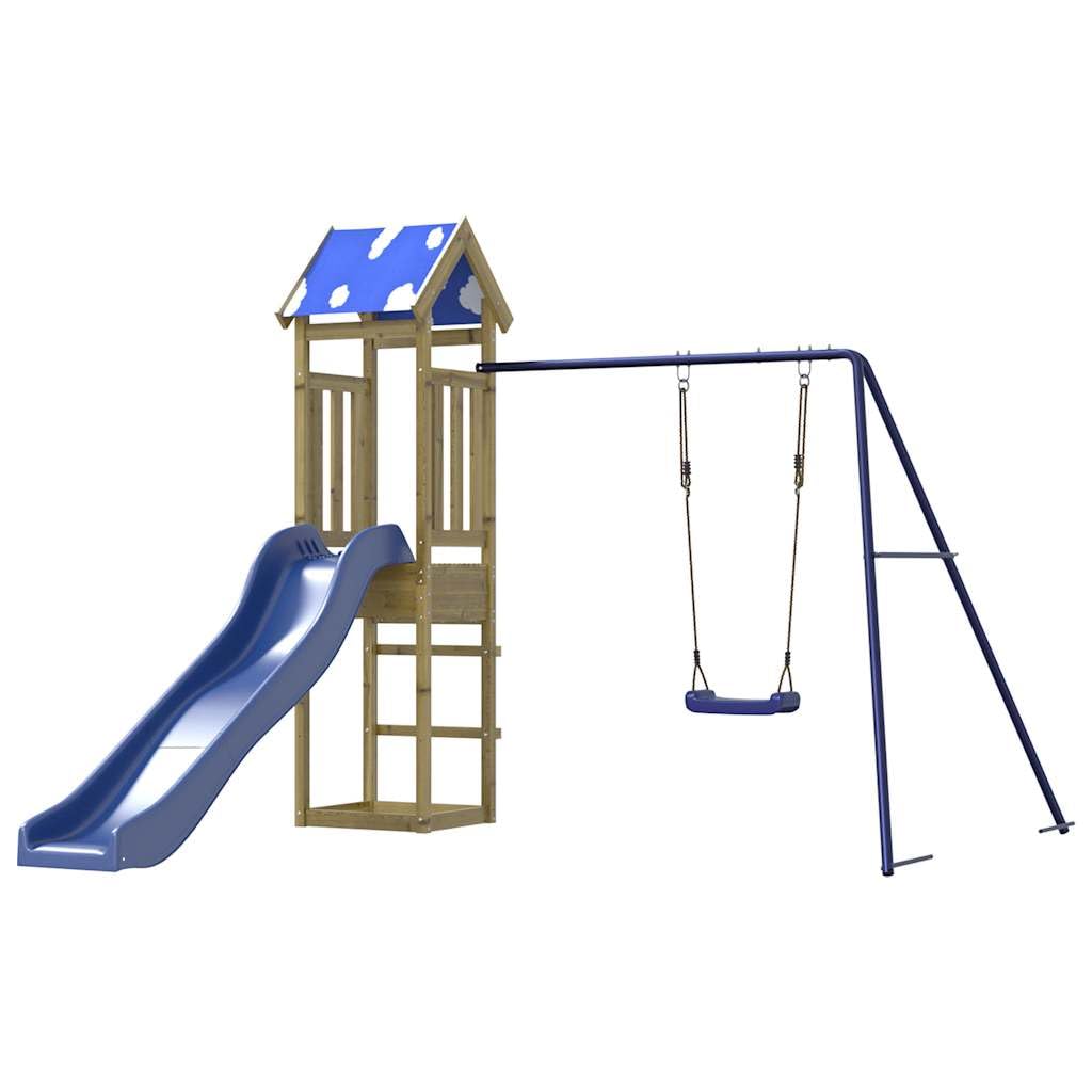 Torre da gioco in legno di pino impregnato con altalena, scivolo ondulato, sabbiera e struttura da arrampicata per bambini in giardino, stabile casetta per esterni con sedile, corda e trapezio