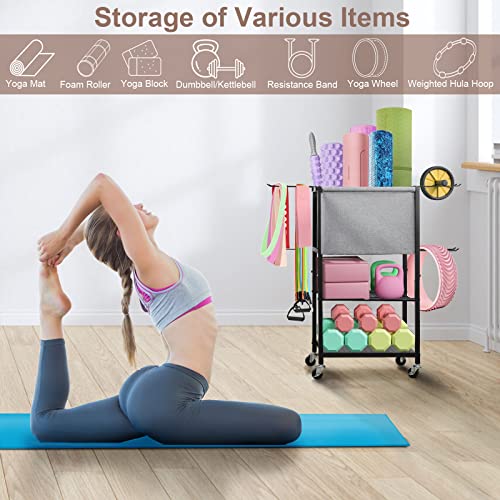 Yoga Mat Storage Rack, Home Gym Storage Rack Workout Equipment Holder For Yoga Block, Dumbbell, Kettlebell, Foam Roller, Resistance Band And More Gym Accessories,Home Gym Equipment Organization With Hooks Wheels For Women Men #TOP4