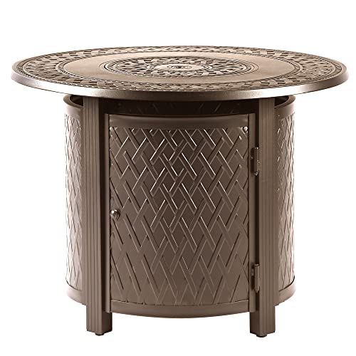 Image of Oakland Living Round 34 in. x 34 in. Aluminum Propane Fire Pit Table with Glass Beads, Two Covers, Lid, 37,000 BTUs in Brown Finish
