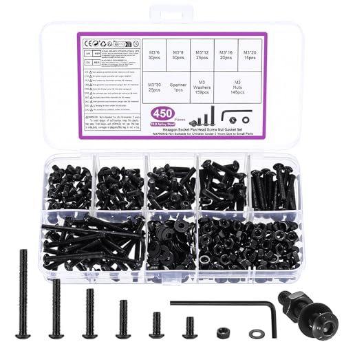 450 STK M3 Schrauben Set, Innensechskantschrauben Muttern Set, Schwarz Gewindeschrauben mit Muttern mit Unterlegscheiben Set, Linsenkopfschrauben und Muttern, Fahrrad Schrauben Set, mit Schlüssel