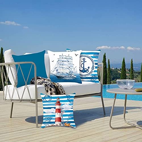 Bonhause Nautical Anchor Cushion Covers 45cm x 45cm Set of 4 Lighthouse Sailboat Decorative Blue Throw Pillow Covers Soft Velvet Pillowcases for Couch Indoor Outdoor Decor