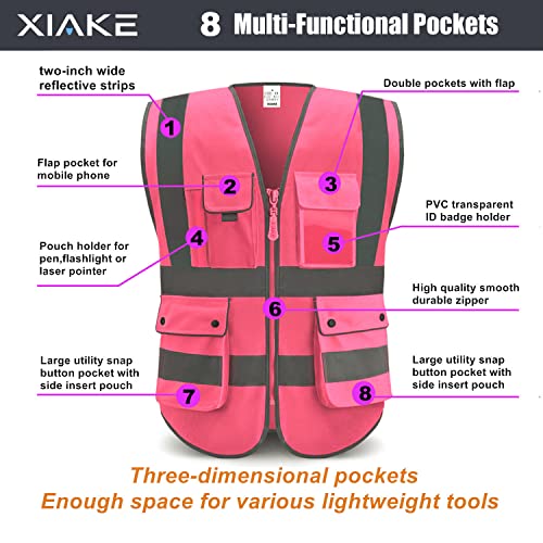 Xiake Class 2 High Visibility Reflective Safety Vests With 8 Pockets And Zipper Front,Meets Ansi/Isea Standards(Medium,Pink) #TOP2