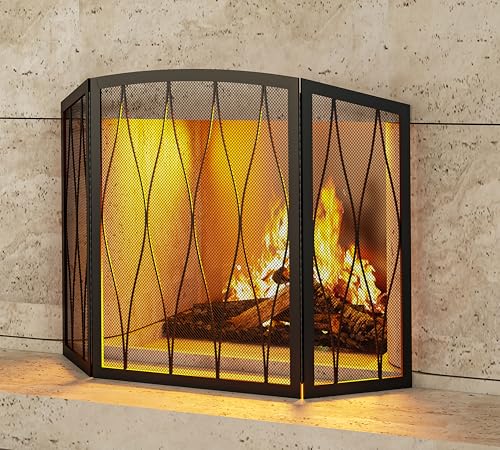 Kingson Childproof Fireplace Screen 3- Panel Modern Handcrafted Wrought Iron Foldable Metal Mesh,...