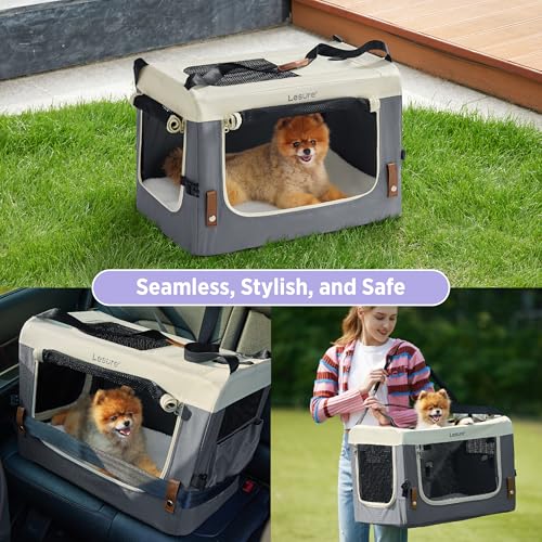 Lesure Collapsible Travel Dog Crate for Small Dogs, Portable Soft Dog Crate for Outdoor & Indoor, Folding Fabric Dog Kennel with Handle, 28 Inch Heavy Duty Pet Carrier (Grey)