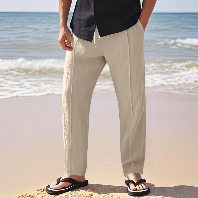 Mens Casual Linen Pants Straight-Leg Elastic Waist Summer Yoga Beach Long Pants3