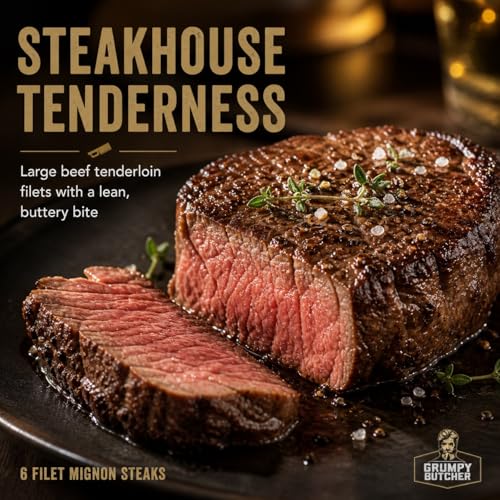 Image of Grumpy Butcher Large Filet Mignon Steaks, 6 Pack, 3 lb | 8 oz Each, USDA Top Choice, tender beef tenderloin, mild buttery flavor