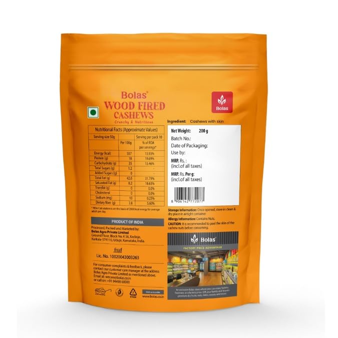 Image of Bolas Wood Fired Cashews 200g | Smoked Kaju | Zero Cholesterol | Rich in Protein | Roasted Crunchy Delicious Healthy Snack | Nuts & Dry Fruits