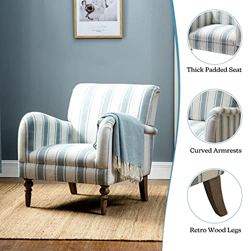 Hulala Home Modern Accent Chair With Arms And Wooden Legs, Comfy Upholstered Armchair For Living Room, Bedroom (Stripe Pattern, Blue) #TOP3