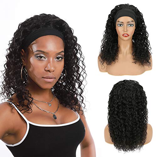 SuCoo Headband Wig Human Hair Blend wigs Water Wave Machine Made Wig Curly Wig None Lace Front Wigs for Black Women Glueless Natural Color Costume Wigs 150% Density 20 Inches