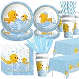 APOWBLS Rubber Duck Party Decorations Tableware - Bubble Bath Rubber Duck Party Supplies for Birthday Baby Shower, Paper Plate, Cup, Napkin, Tablecloth, Cutlery | Serve 24