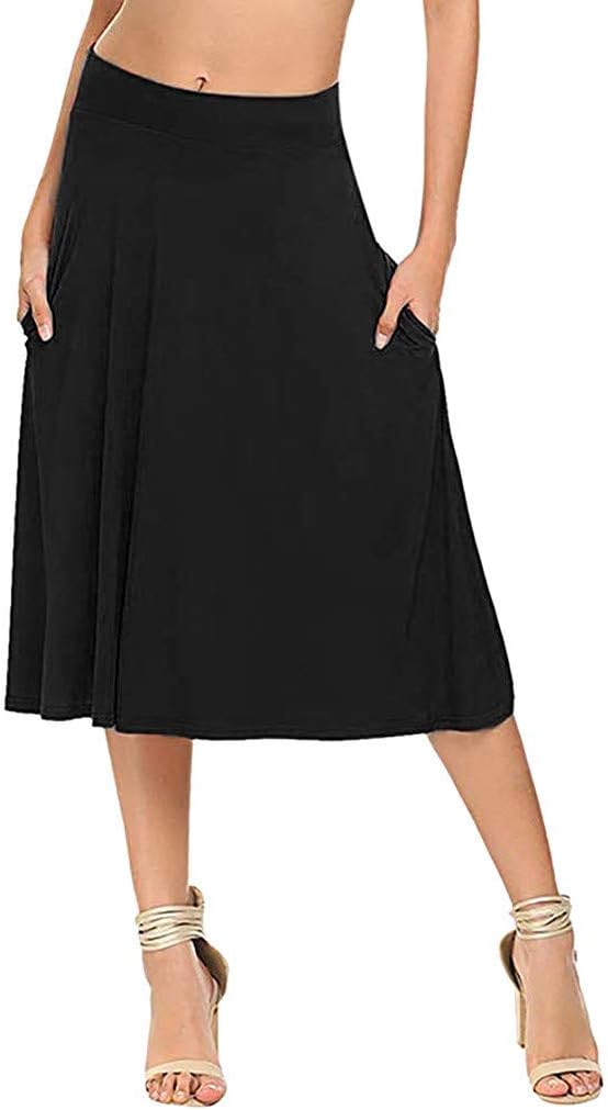 WOZOW Womens Plain Knit Basic Midi Circle Skirt with Pockets