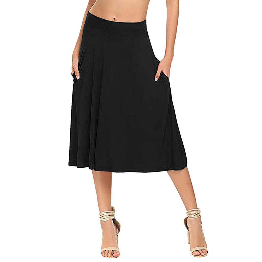 WOZOW Womens Plain Knit Basic Midi Circle Skirt with Pockets