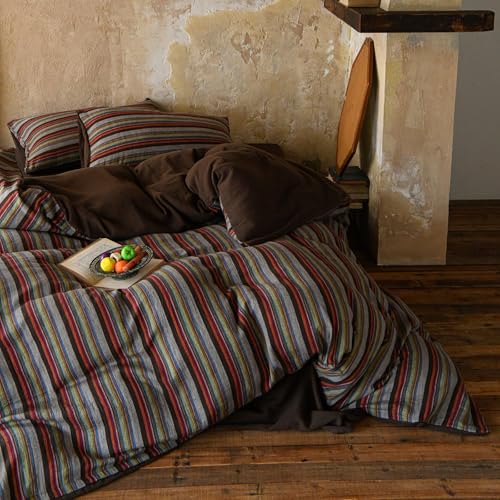 Image of EAVD Retro Striped Duvet Cover Set Queen Soft 100% Cotton Muslin Bohemian Colorful Vertical Striped Bedding Set with 2 Pillowcases Rustic Farmhouse Style Geometric Pattern Duvet Cover with Zipper