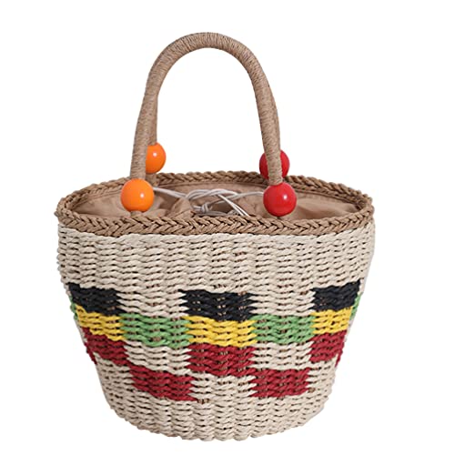 HOMSFOU Straw Woven Tote Bag, Handmade Shoulder Bag with Wooden Bead Handle, Colorful Plaid Design, Multi, Ideal for Picnic, Travel, Shopping, 14.6 x 4.7 x 11.8 Inches