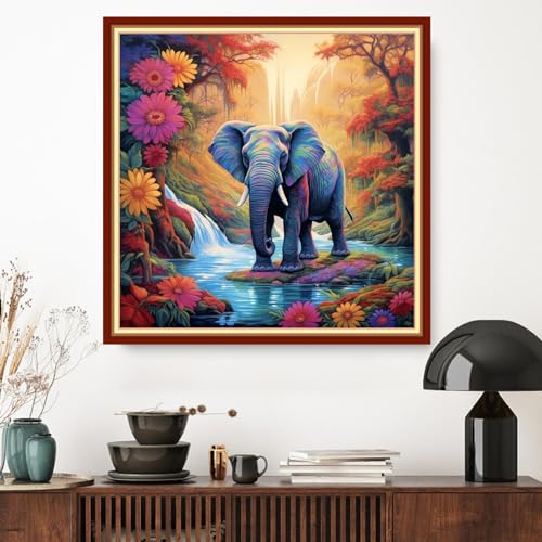 Image of Dimxvean Cross Stitch Kit, Elephant Flowers 18x18 inch, 11CT, Multicolor, All Ages, Unisex, Modern, HD Preprint, Extra Lines Provided