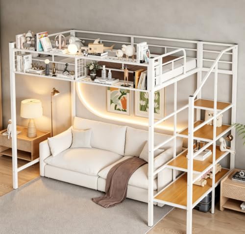 Image of Bellemave Twin loft Bed with Storage Stairs and Upper Grid Storage Shelf, Metal Twin Loft Bed Frame for Adults, Kids, Teens, White