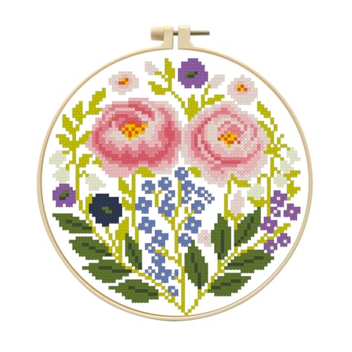 Image of Zhenqing Pink Floral Cross Stitch Kit for Beginners - 11CT 24x24cm Pre-Printed Pattern with Embroidery Hoop, Threads & Tools(70521)