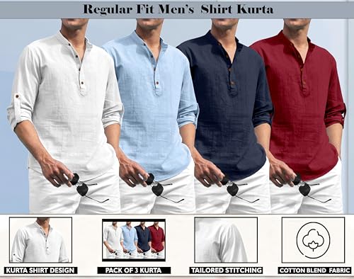 Image of Zombom Combo of Men's Solid Cotton Polyester Blend Full Sleeve Mandarin /Chinese Collor Straight Kurta Shirt (Pack of 4)