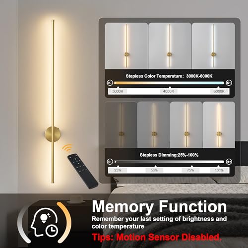 Image of KARTOOSH Brass Battery Operated Wall Sconce Set of Two with Motion Sensor | Rechargeable Wireless Wall Lights with Remote Control, Dimmable, 3000K /4000K /6000K, Timer for Living Room, Hallway,39.3 Inch