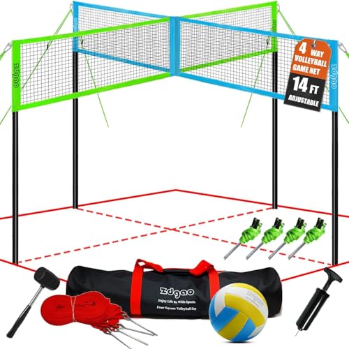 Zdgao Four Way Volleyball Net 14ft x 14ft Height Adjustable 4 Square Volleyball Badminton Outdoor Set for Backyard Lawn Beach Game Play | Come with Soft Volleyball, Hammer and Carry Bag