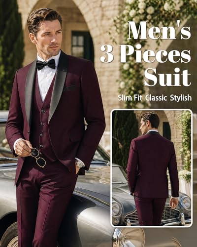 Image of MY'S Mens 3-Piece Suit Shawl Lapel One Button Tuxedo Winter Fabric Slim Fit Premium Dinner Jacket Vest Pants & Tie Set