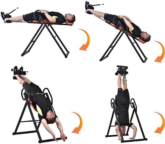 Four-step progression of inversion on the BFDIEEM Inversion Table, from lying flat to full inversion.