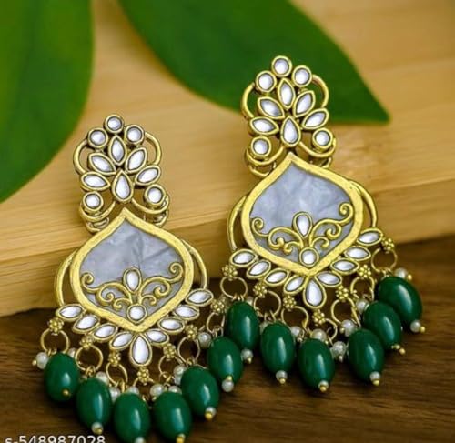 Image of Traditional 20K Gold Plated Kundan Chandbali Earrings with Black Beads and Faux Pearls for Women - Ethnic Wedding & Partyy Wear Statement Jewelry