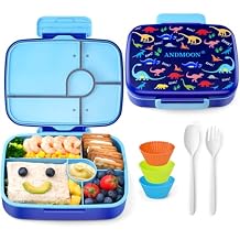 Bento Box for Kids Lunch Box Leak-Proof, Bento Lunch Box with 5 Compartments, Lunch Containers with 3 Silicone Baking Cups, Microwave/Dishwasher Safe Blue Dinosaur/43OZ