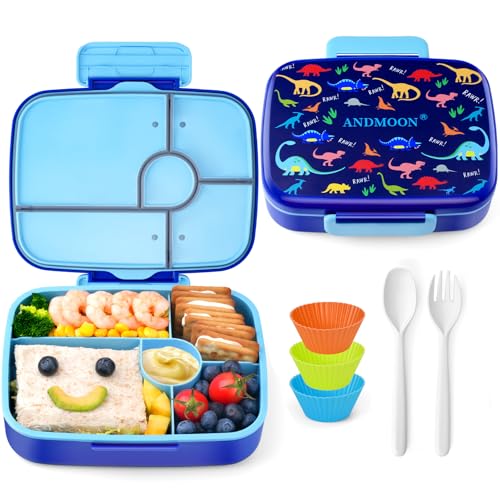Image of Bento Box for Kids Lunch Box Leak-Proof, Bento Lunch Box with 5 Compartments, Lunch Containers with 3 Silicone Baking Cups, Microwave /Dishwasher Safe (Blue Dinosaur /43OZ)