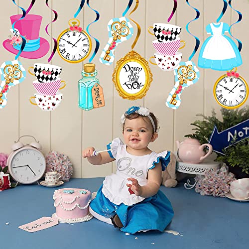 Image of 20Pcs Alice Hanging Swirl Decorations for Wonderland Theme Birthday Party, Baby Shower, Girl First Birthday, Tea Party Decorations