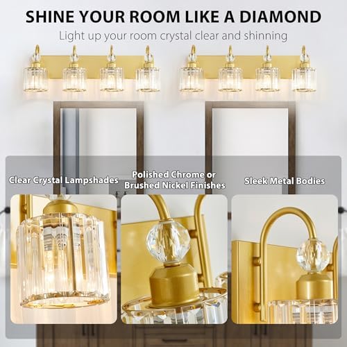 Image of Bathroom Vanity Light Fixtures Over Mirror - Makeup Lighting Pure Gold - for Modern Wall, Bath, Desk, Farmhouse, Hallway - 4 Crystal Lights