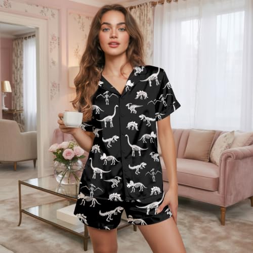 Image of Women's Satin Pajamas Set, Short-Sleeve Button Down Loungewear