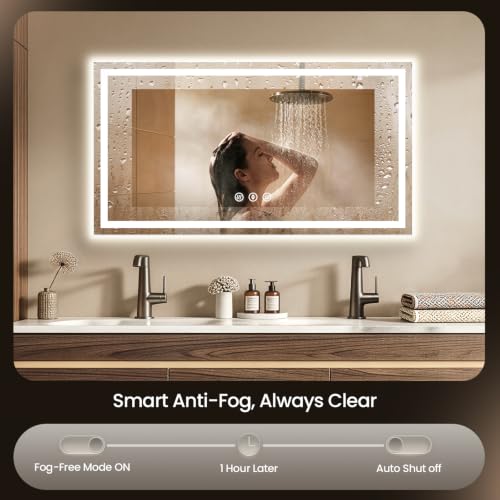 Image of 55x30 LED Bathroom Mirror with Anti-Fog, Backlit & Front Lit, Memory | Stepless Dimmable 3 Color CRI 95+ Shatterproof Tempered Glass ETL Listed for Safety Lighted Bathroom Vanity Mirror for Wall