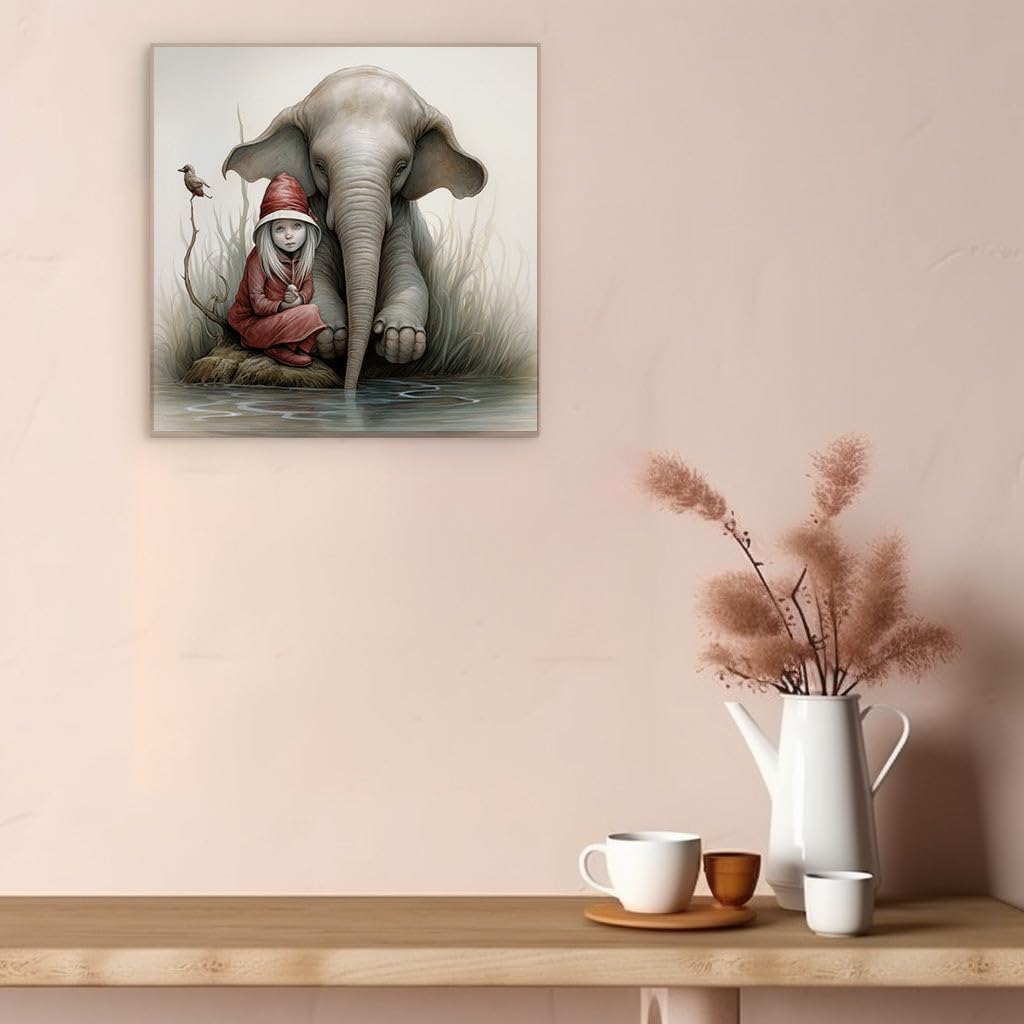 Canvas for Living room. Whispers of Tranquility: A Dreamlike Encounter Between Girl and Elephant, 27 x 18 inch Canvas Wall Art - Ready to Hang - 69x46 cm (27x18 inch)