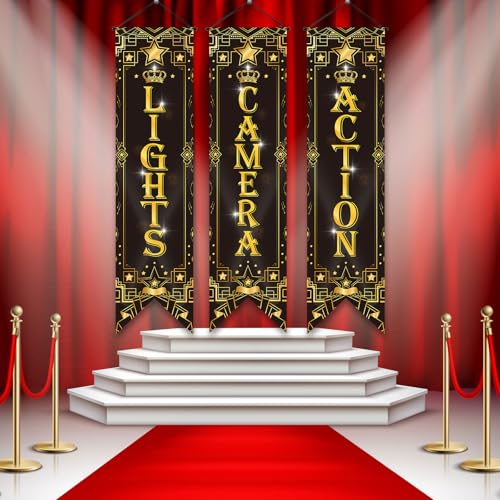 Image of Tegeme 3 Pcs Movie Night Porch Sign Banner Movie Theme Party Decorations Theater Welcome Now Showing Light Camera Action Hanging Porch Sign for Home Film Backdrop Party Supplies (Black,Star)