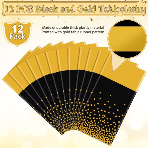 Image of 12Pcs Black and Gold Tablecloth Party Decorations,Plastic Black Table Cloth Printed Gold Table Runner Disposable Rectangle Table Cover for Birthday Retirement Anniversary Graduation Party,54 x108 Inch